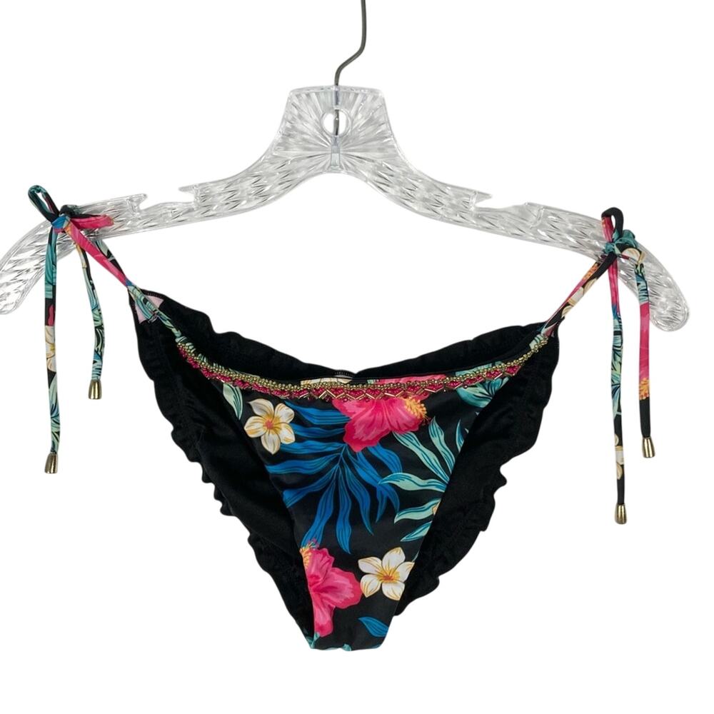 nwot LATEEN Bikini Bottom S Floral Bead Ruched Gold Tassels Adjustable Ties Bow
